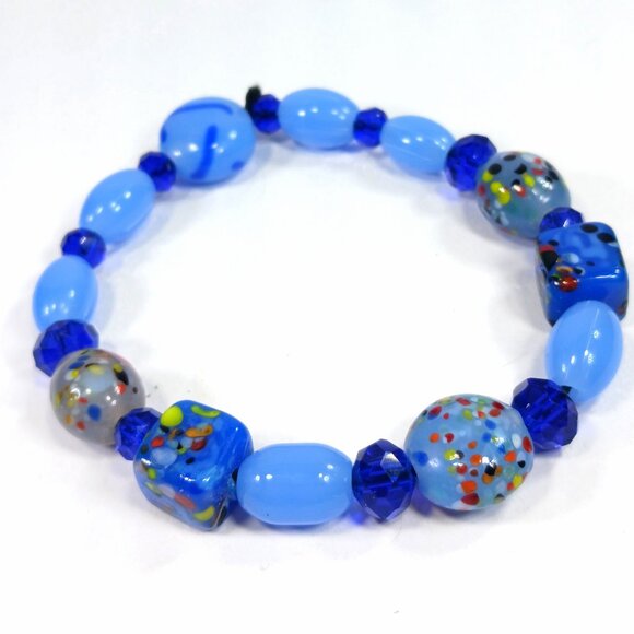 Blue Glass Beaded Bracelet - Artisan Style - Stretch Fit - Picture 1 of 7